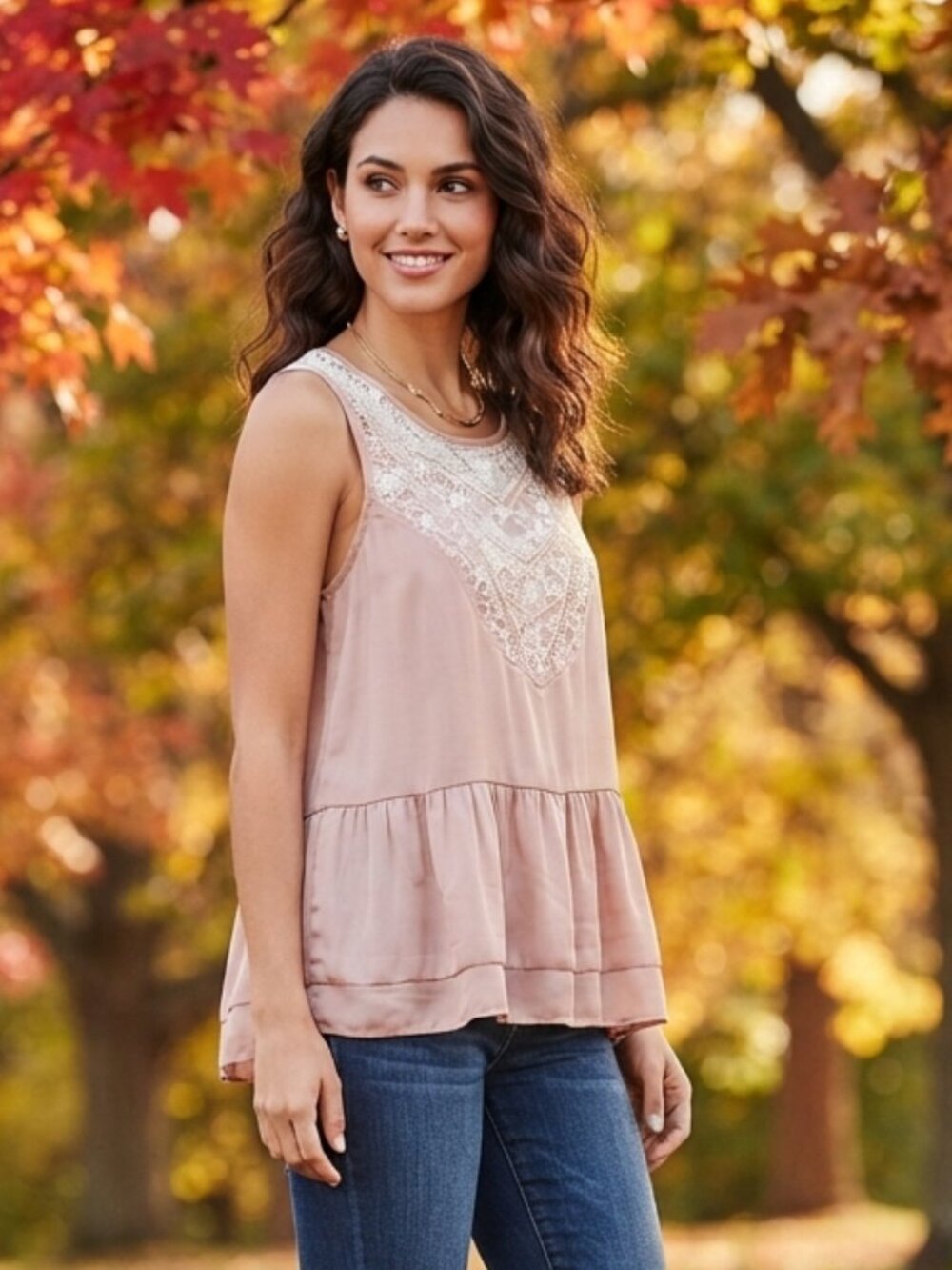 American Eagle Pink Sleeveless Top with Crochet Yoke, XL